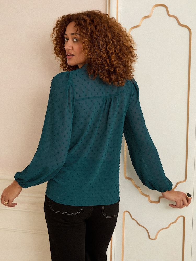 Love & Roses Teal Blue V-Neck Lace Long Sleeve Dobby Blouse - Image 4 of 4
