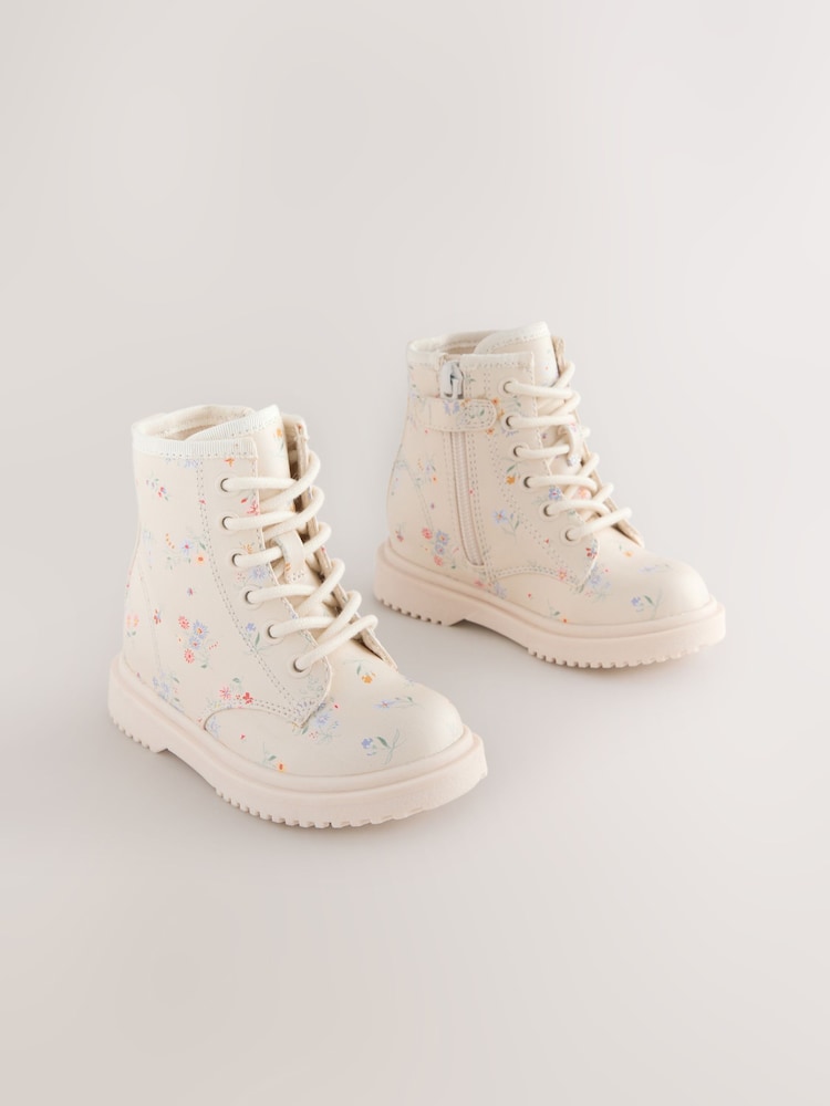 Cream Floral Wide Fit (G) Lace-Up Ankle Boots - Image 2 of 5