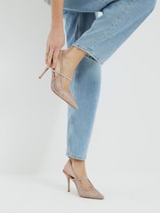 River Island Brown Beige Mesh Diamante Sling Court Shoes - Image 1 of 6