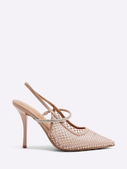 River Island Brown Beige Mesh Diamante Sling Court Shoes - Image 2 of 6