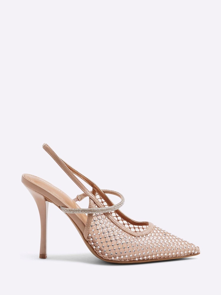 River Island Brown Beige Mesh Diamante Sling Court Shoes - Image 2 of 6
