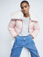 River Island Pink Padded Faux Fur Trim Bomber Jacket - Image 1 of 6