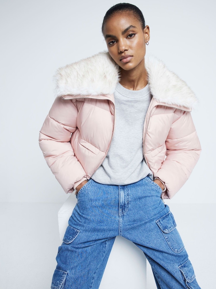 River Island Pink Padded Faux Fur Trim Bomber Jacket - Image 1 of 6