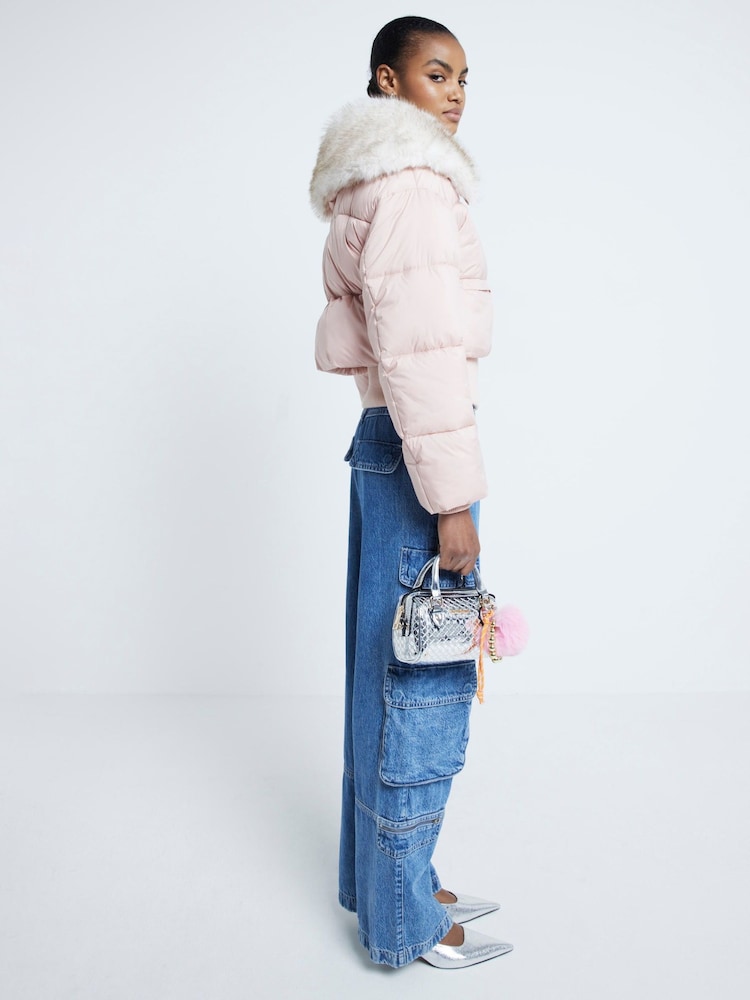 River Island Pink Padded Faux Fur Trim Bomber Jacket - Image 2 of 6