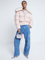 River Island Pink Padded Faux Fur Trim Bomber Jacket - Image 4 of 6