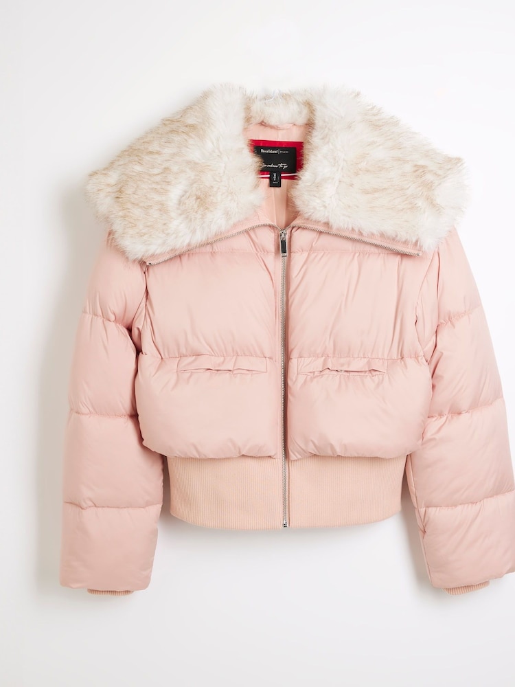 River Island Pink Padded Faux Fur Trim Bomber Jacket - Image 1 of 1
