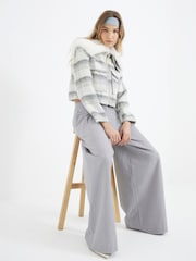 River Island Grey Marl Check Faux Fur Collar Crop Jacket - Image 1 of 6