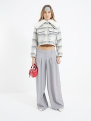 River Island Grey Marl Check Faux Fur Collar Crop Jacket - Image 2 of 6