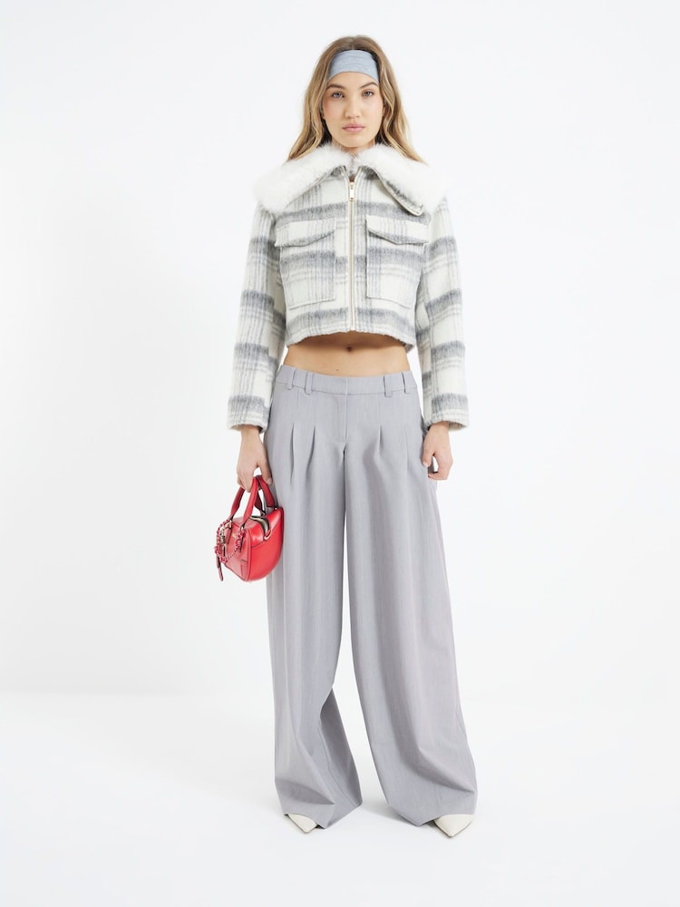 River Island Grey Marl Check Faux Fur Collar Crop Jacket - Image 2 of 6