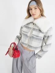River Island Grey Marl Check Faux Fur Collar Crop Jacket - Image 3 of 6