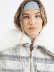River Island Grey Marl Check Faux Fur Collar Crop Jacket - Image 4 of 6