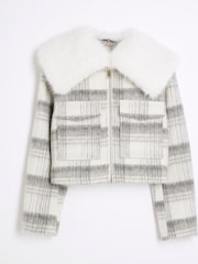 River Island Grey Marl Check Faux Fur Collar Crop Jacket - Image 5 of 6