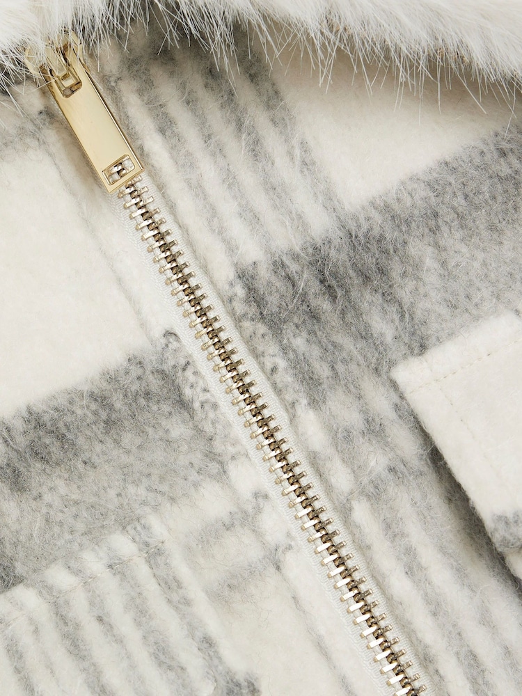River Island Grey Marl Check Faux Fur Collar Crop Jacket - Image 6 of 6