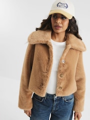 River Island Brown Petite Beige Faux Fur Button Up Jacket - Image 1 of 6