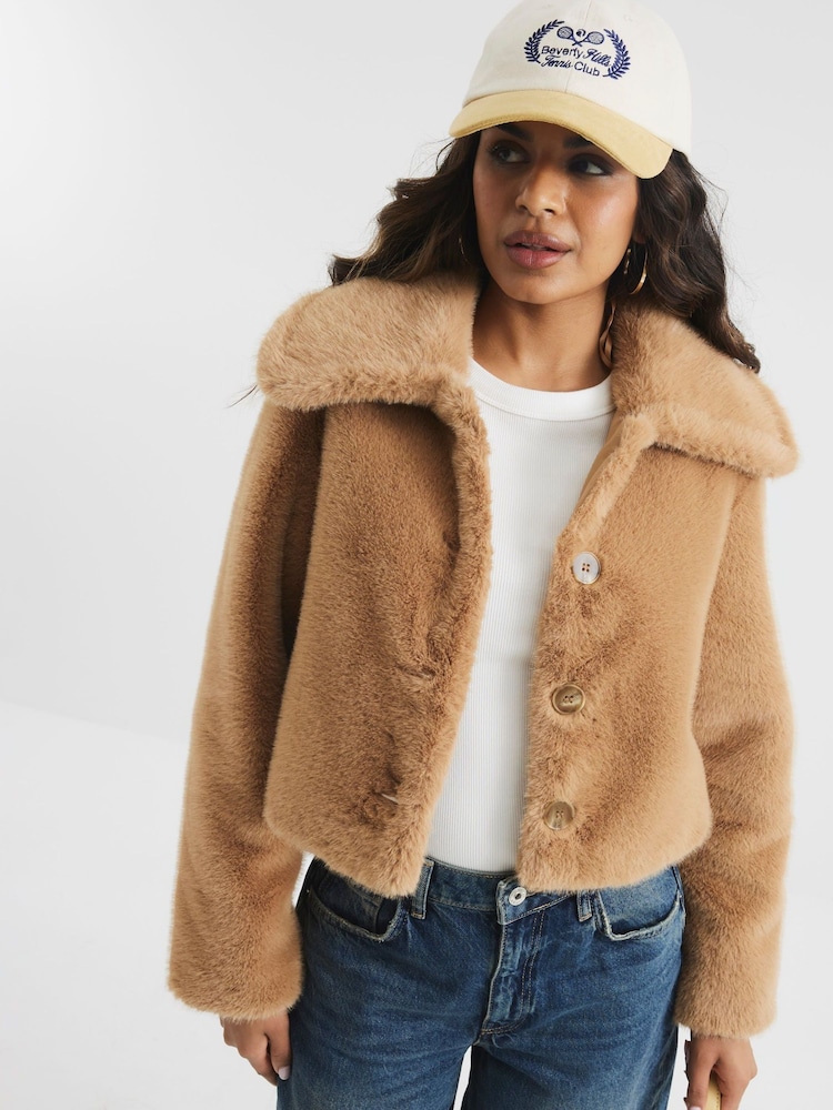 River Island Brown Petite Beige Faux Fur Button Up Jacket - Image 1 of 6