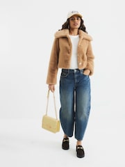 River Island Brown Petite Beige Faux Fur Button Up Jacket - Image 2 of 6