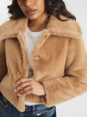 River Island Brown Petite Beige Faux Fur Button Up Jacket - Image 4 of 6