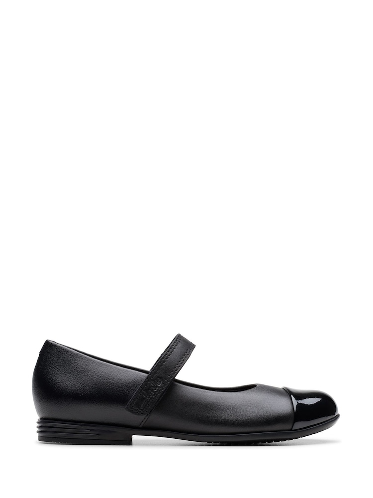 Clarks Black Narrow Fit  (E) Leather Finja Gem Kid School Shoes - Image 1 of 7