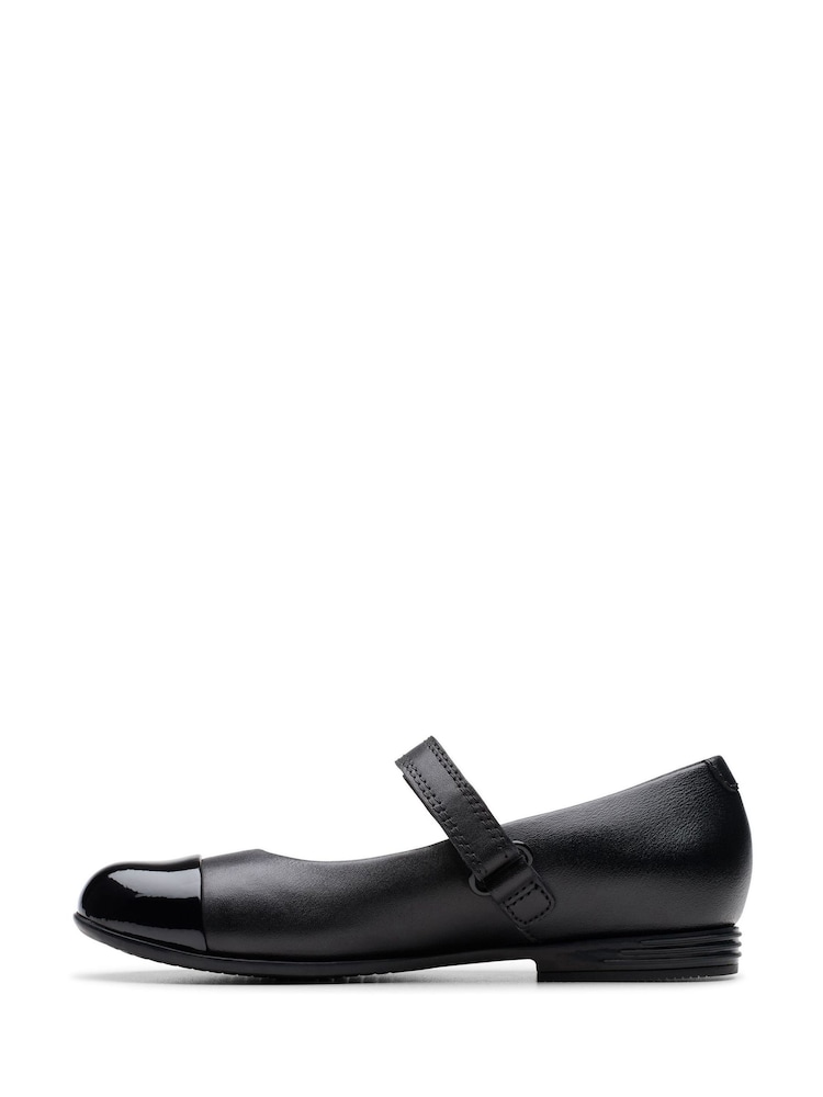 Clarks Black Narrow Fit  (E) Leather Finja Gem Kid School Shoes - Image 2 of 7