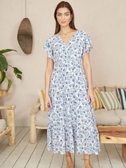 Yumi Blue Floral Printed Broderie Anglaise Ruched Waist Midi 100% Cotton Dress - Image 2 of 5