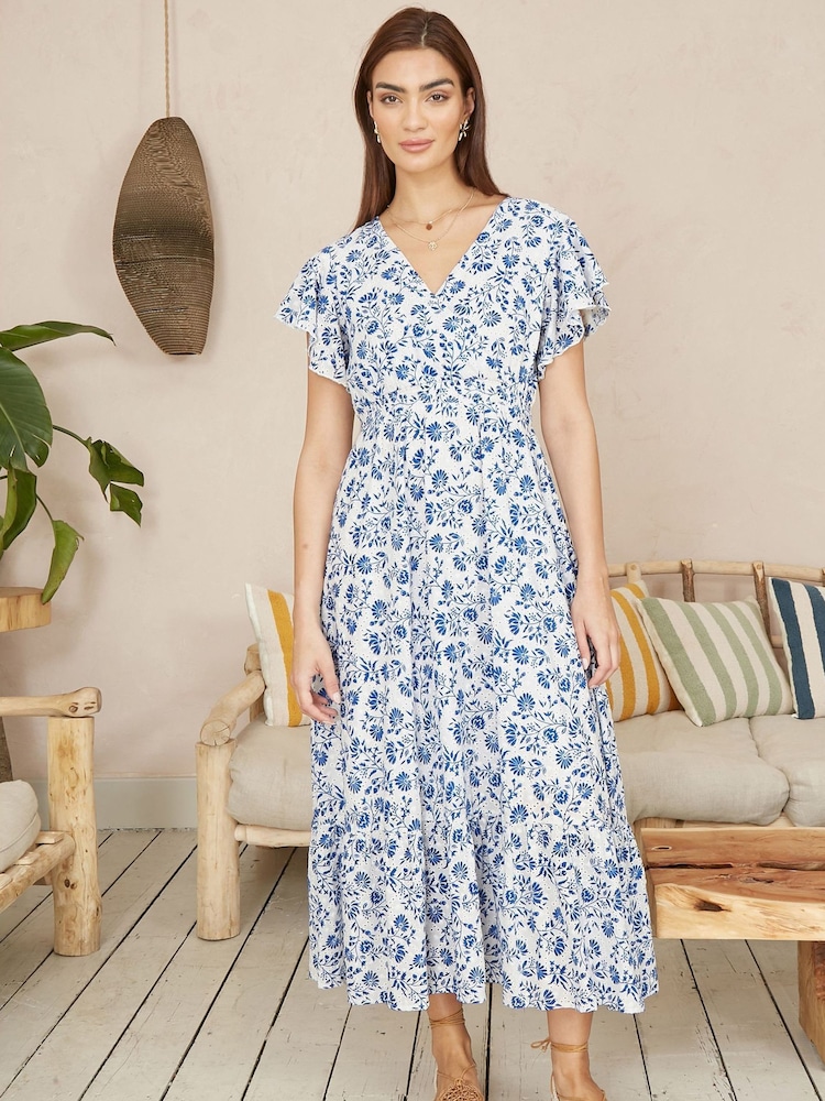 Yumi Blue Floral Printed Broderie Anglaise Ruched Waist Midi 100% Cotton Dress - Image 2 of 5