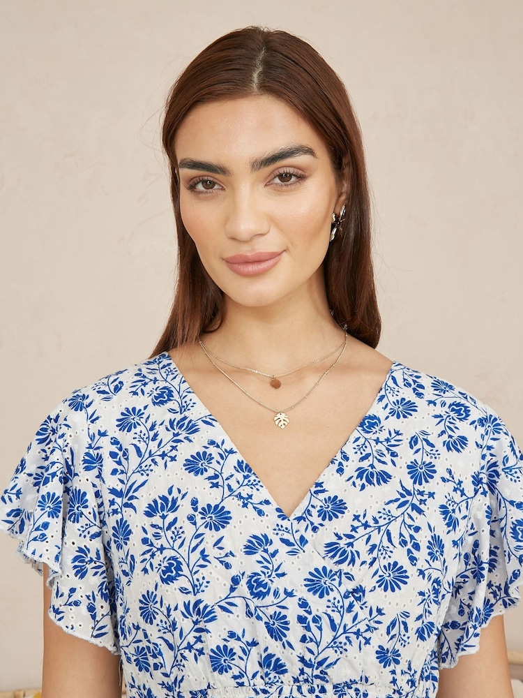 Yumi Blue Floral Printed Broderie Anglaise Ruched Waist Midi 100% Cotton Dress - Image 3 of 5