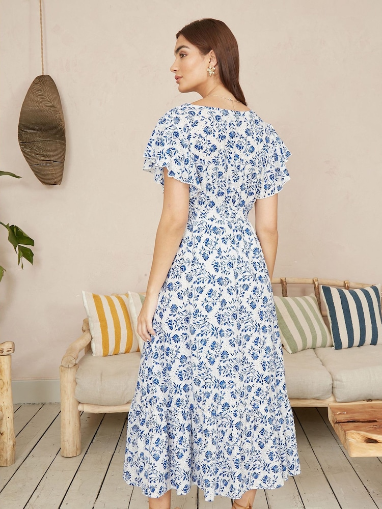 Yumi Blue Floral Printed Broderie Anglaise Ruched Waist Midi 100% Cotton Dress - Image 4 of 5