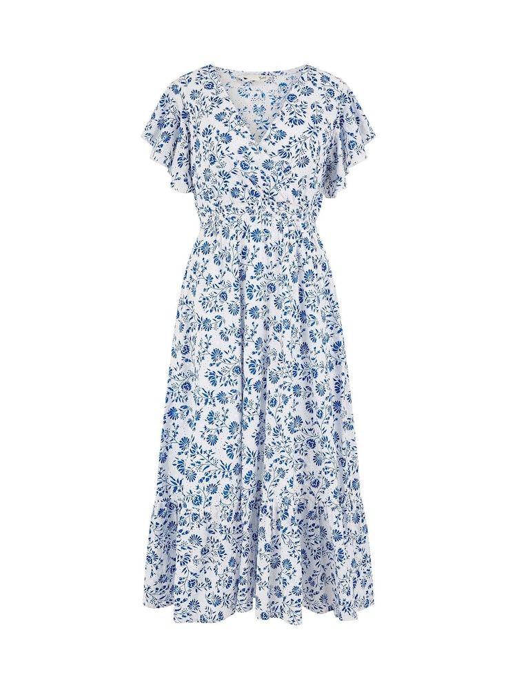 Yumi Blue Floral Printed Broderie Anglaise Ruched Waist Midi 100% Cotton Dress - Image 5 of 5