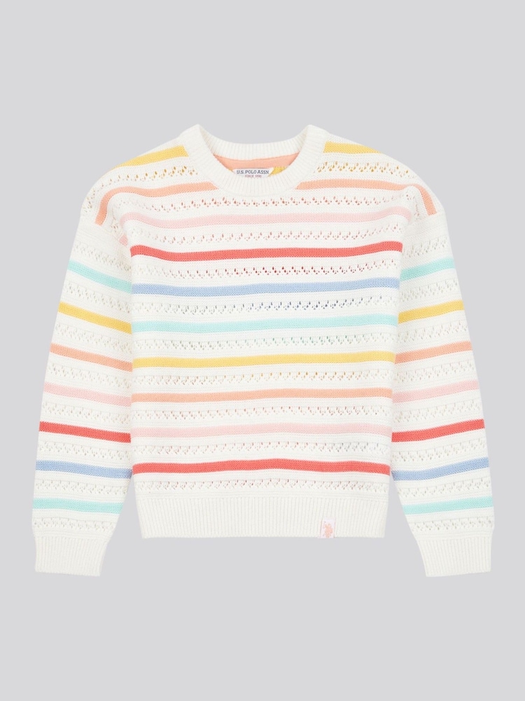U.S. Polo Assn. White Girls Pointelle Stripe Knit 100% Cotton Jumper - Image 1 of 3