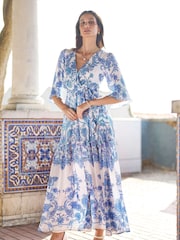 Yumi Blue Paisley Wrap Midi Dress With 3/4 Sleeves - Image 1 of 5