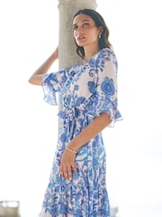 Yumi Blue Paisley Wrap Midi Dress With 3/4 Sleeves - Image 2 of 5
