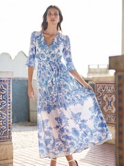 Yumi Blue Paisley Wrap Midi Dress With 3/4 Sleeves - Image 3 of 5