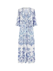 Yumi Blue Paisley Wrap Midi Dress With 3/4 Sleeves - Image 5 of 5