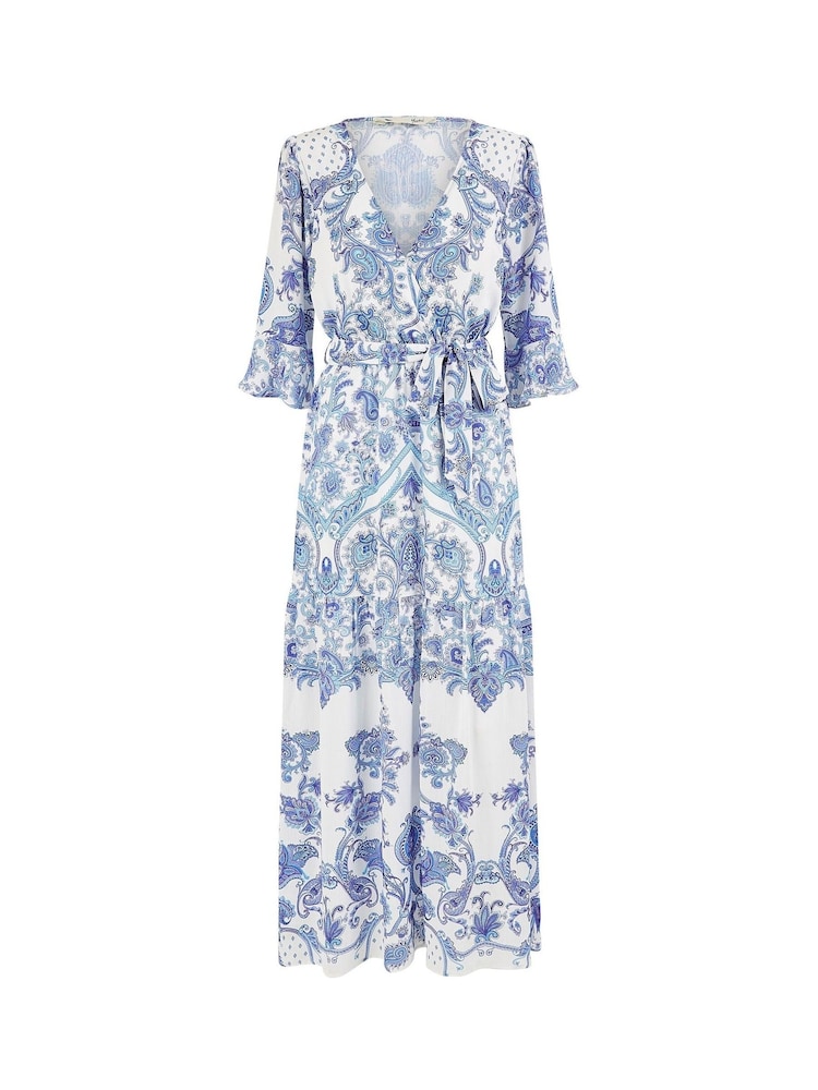 Yumi Blue Paisley Wrap Midi Dress With 3/4 Sleeves - Image 5 of 5