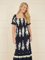 Yumi Blue Block Print Viscose Ruched Midi Dress - Image 1 of 5