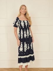 Yumi Blue Block Print Viscose Ruched Midi Dress - Image 2 of 5