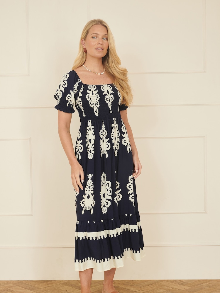 Yumi Blue Block Print Viscose Ruched Midi Dress - Image 2 of 5