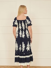 Yumi Blue Block Print Viscose Ruched Midi Dress - Image 4 of 5