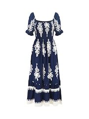 Yumi Blue Block Print Viscose Ruched Midi Dress - Image 5 of 5