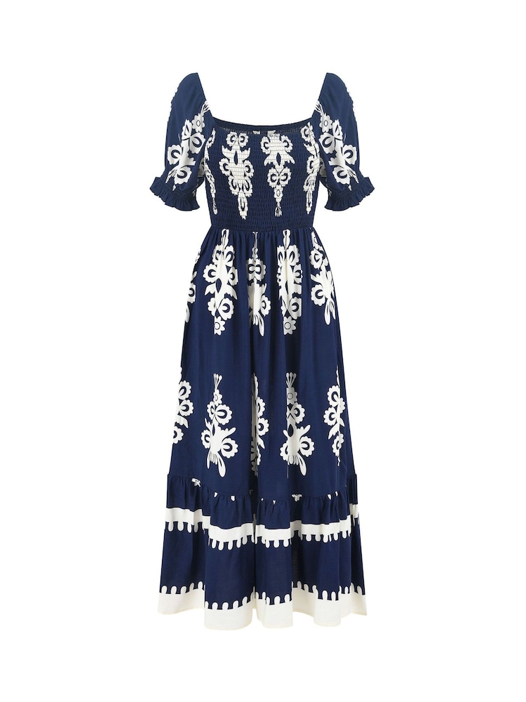 Yumi Blue Block Print Viscose Ruched Midi Dress - Image 5 of 5