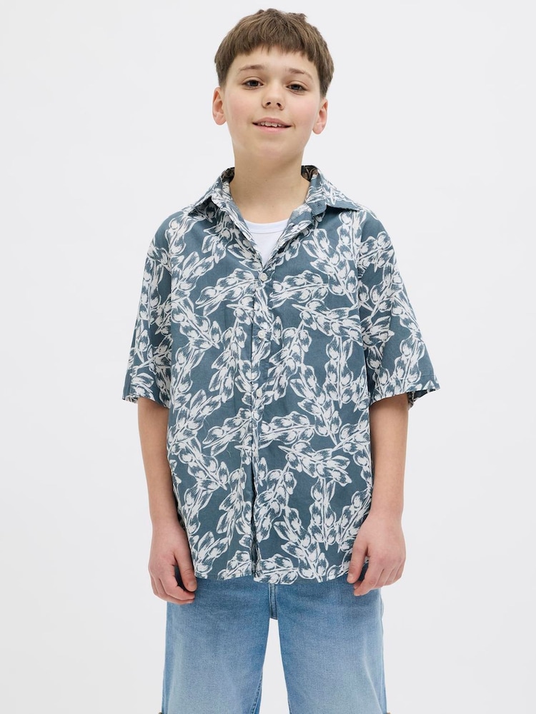 JACK & JONES Junior Grey 100% Cotton Printed Short Sleeve Summer Shirt - Image 1 of 5