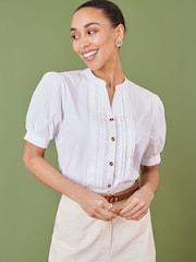 Yumi White Pleated Short Sleeve 100% Cotton Shirt - Image 1 of 5