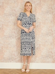 Yumi Blue Ikat Print Midi Dress With Split Hem - Image 2 of 4