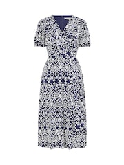 Yumi Blue Ikat Print Midi Dress With Split Hem - Image 4 of 4