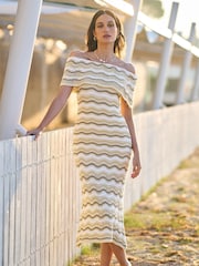Yumi Natural Stripe Crochet Knit Bardot Midi Dress - Image 1 of 5