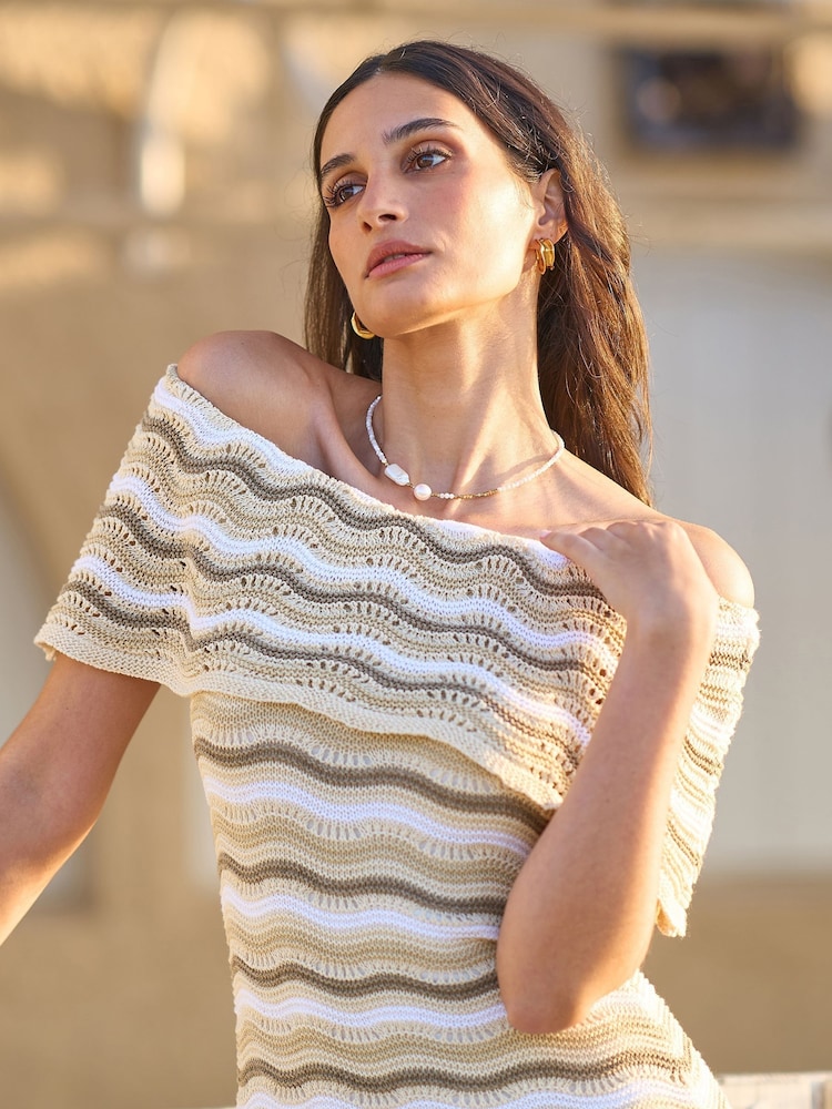 Yumi Natural Stripe Crochet Knit Bardot Midi Dress - Image 2 of 5