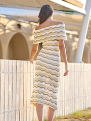Yumi Natural Stripe Crochet Knit Bardot Midi Dress - Image 4 of 5