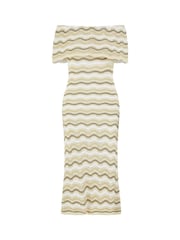 Yumi Natural Stripe Crochet Knit Bardot Midi Dress - Image 5 of 5