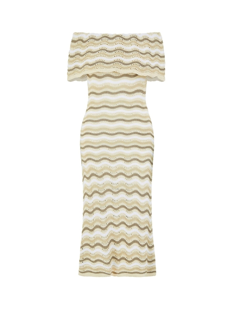 Yumi Natural Stripe Crochet Knit Bardot Midi Dress - Image 5 of 5