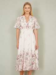 Yumi Cream Mirrored Floral Button Up Midi Dress With Ruched Waist - Image 1 of 5